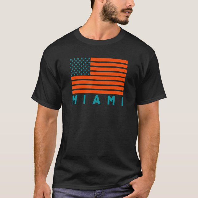 USA Flag Miami OrangeTeal-GreenBlue Miami FL Ameri T-Shirt (Front)