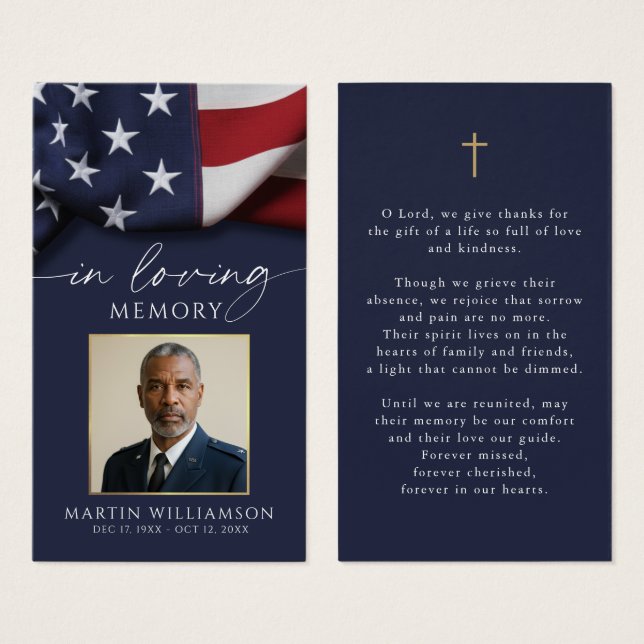 USA Flag Military Photo Cross Funeral Prayer Card (Front & Back)