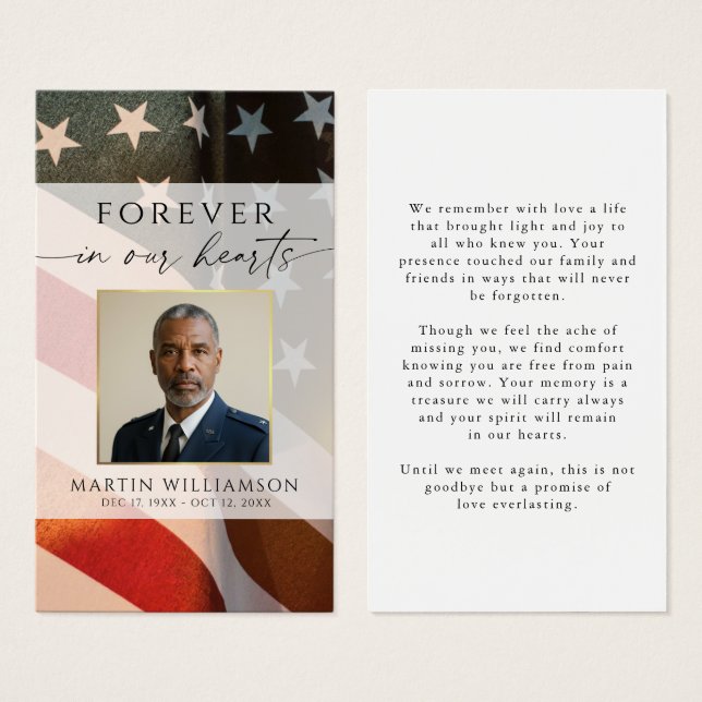 USA Flag Military Photo Forever Hearts Prayer Card (Front & Back)