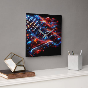 USA Flag Paint Splatters  Square Wall Clock