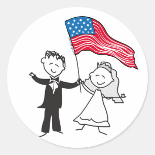 USA Flag Patriotic Bride and Groom Classic Round Sticker