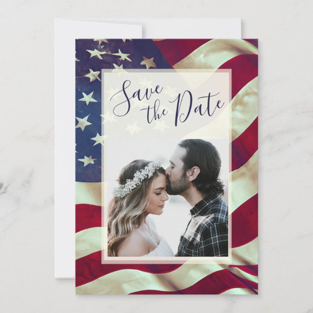 USA Flag Patriotic Christian Bible Photo Wedding Save The Date (Front)