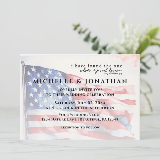 USA Flag Patriotic Christian Bible Verse Wedding Invitation (Standing Front)