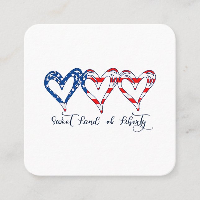 USA Flag Patriotic Hearts 4th of July Sweet Land o Square Business Card (Front)