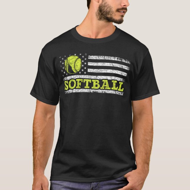 USA Flag Patriotic Softball Player American Sport  T-Shirt (Front)