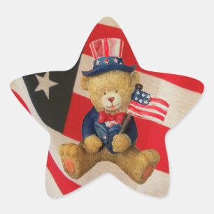 USA Flag Patriotic Teddy Bear Star Sticker