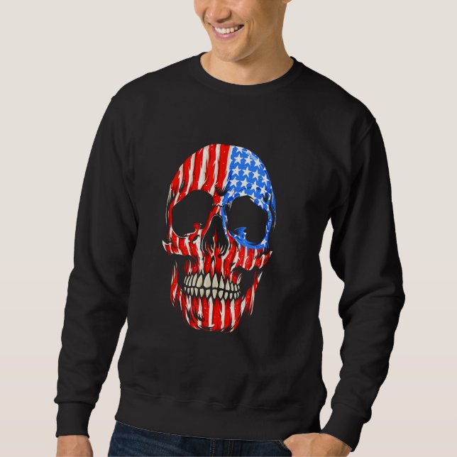USA Flag Pattern Skeleton Head Creepy Halloween De Sweatshirt (Front)