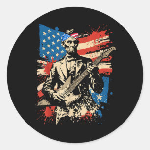 Usa Flag President Abraham Lincoln Playing Guitar Classic Round Sticker