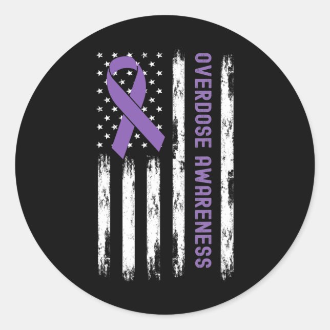 USA Flag Purple Ribbon Overdose Awareness  Classic Round Sticker (Front)