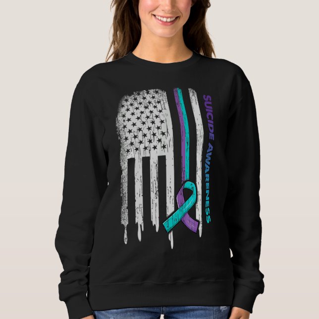 Usa Flag Purple & Teal Ribbon Suicide Awareness Sweatshirt (Front)