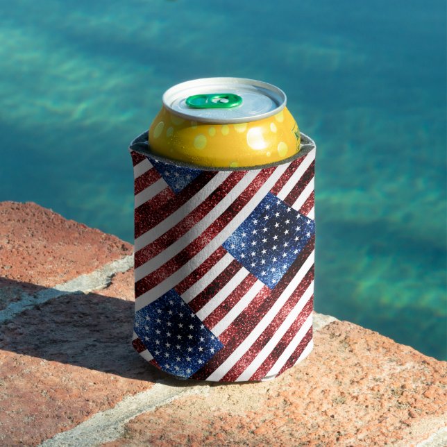 USA flag red and blue sparkles glitters Can Cooler (In Situ Pool)