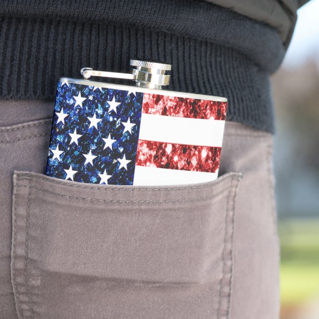 USA flag red and blue sparkles glitters Hip Flask (In Situ)