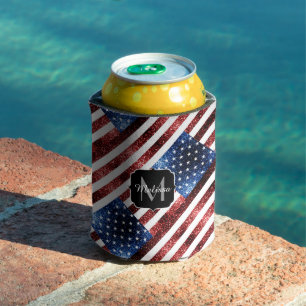 USA flag red and blue sparkles glitters Monogram Can Cooler