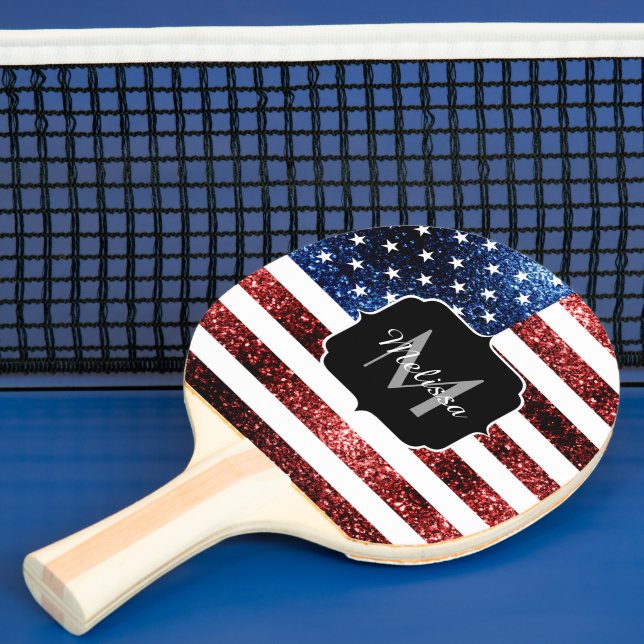 USA flag red and blue sparkles glitters Monogram Ping Pong Paddle (Insitu)