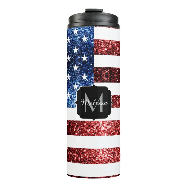 USA flag red and blue sparkles glitters Monogram Thermal Tumbler (Front)