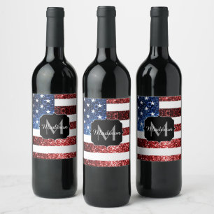 USA flag red and blue sparkles glitters Monogram Wine Label