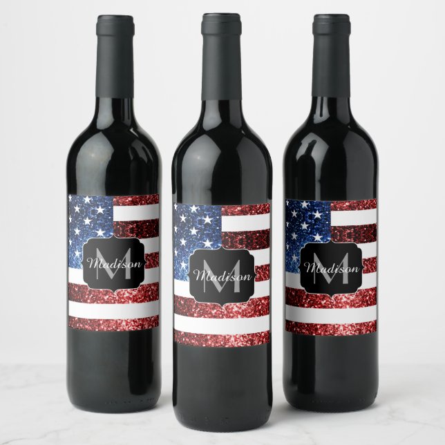 USA flag red and blue sparkles glitters Monogram Wine Label (Bottles)