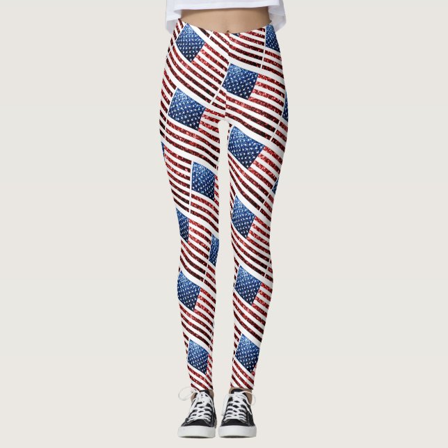 USA flag red and blue sparkles glitters pattern Leggings (Front)