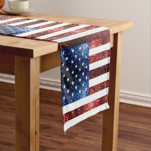 USA flag red and blue sparkles glitters Short Table Runner