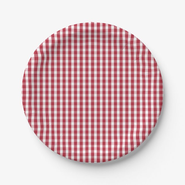USA Flag Red and White Gingham Checked Paper Plate (Front)