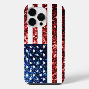 USA flag red blue faux sparkles bling iPhone 14 Pro Max Case