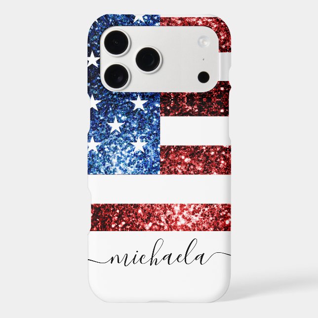 USA flag red blue faux sparkles glitters Monogram (Back)