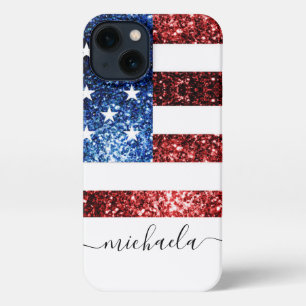 USA flag red blue faux sparkles glitters Monogram iPhone 13 Case