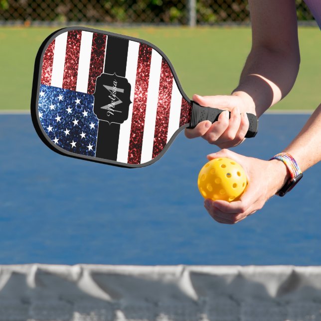 USA flag red blue faux sparkles glitters Monogram Pickleball Paddle (Insitu)