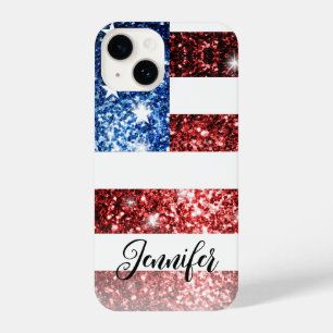 USA flag red blue faux sparkles glitters Your name iPhone 14 Case