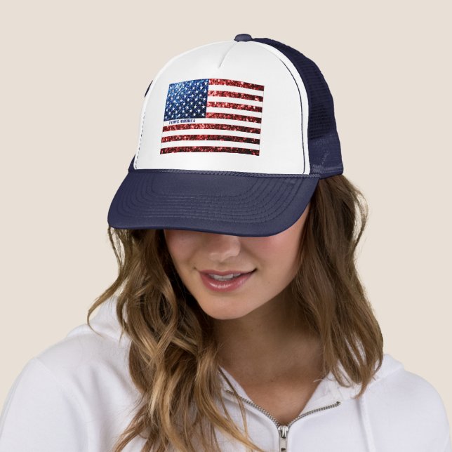 USA flag red blue sparkles AMERICA Personalise  Trucker Hat (In Situ)