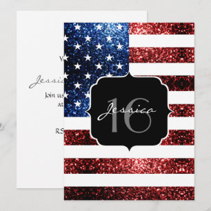 USA flag red blue sparkles glitter Sweet 16 Invite