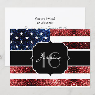 USA flag red blue sparkles glitter Sweet 16 invite