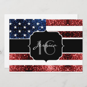 USA flag red blue sparkles glitter Sweet 16 invite