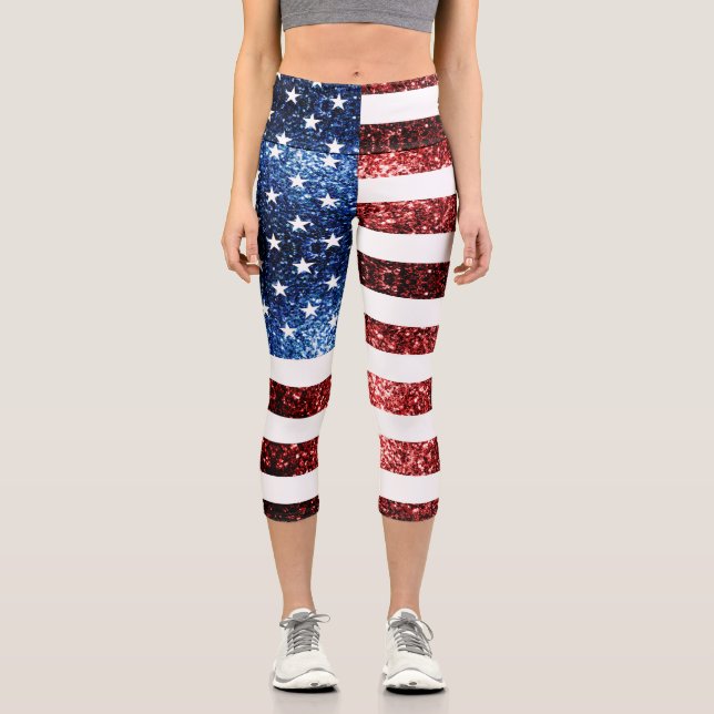 USA flag red blue sparkles glitters Capri Leggings (Front)