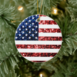 USA flag red blue sparkles glitters Ceramic Ornament