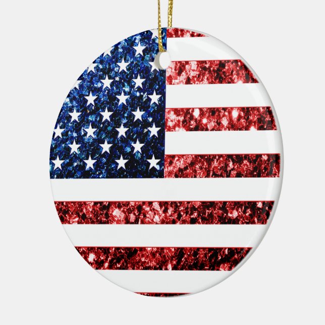 USA flag red blue sparkles glitters Ceramic Ornament (Left)