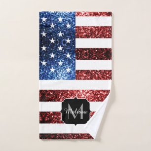 USA flag red blue sparkles glitters Monogram Bath Towel Set
