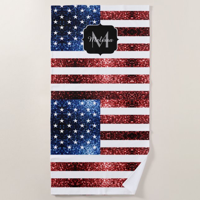 USA flag red blue sparkles glitters Monogram Beach Towel (Front)