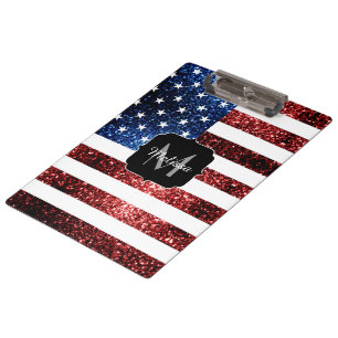 USA flag red blue sparkles glitters Monogram Clipboard