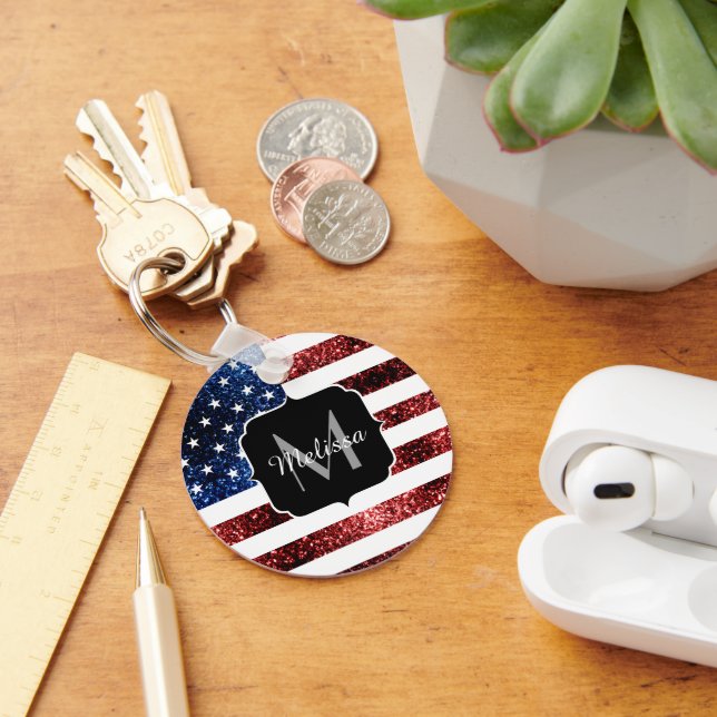USA flag red blue sparkles glitters Monogram Key Ring (Desk)