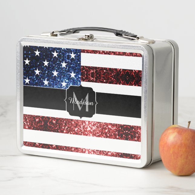 USA flag red blue sparkles glitters Monogram Metal Lunch Box (In Situ)