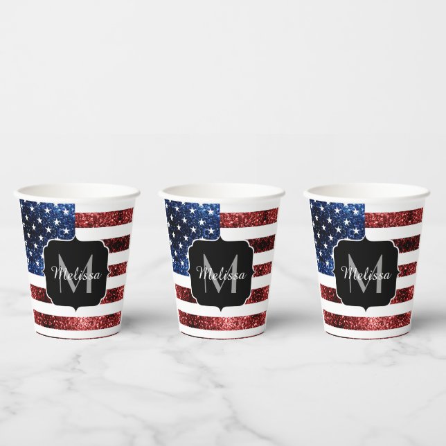 USA flag red blue sparkles glitters Monogram Paper Cups (Multi)