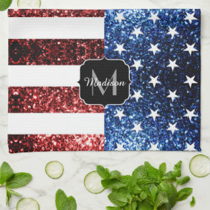 USA flag red blue sparkles glitters Monogram Tea Towel