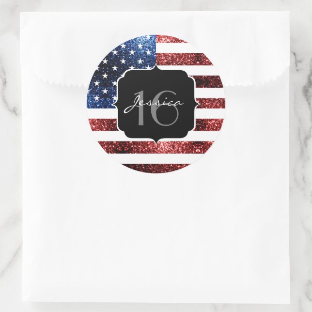USA flag red blue sparkles glitters Sweet 16 Classic Round Sticker (Bag)