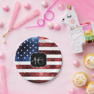 USA flag red blue sparkles glitters Sweet 16 Paper Plate