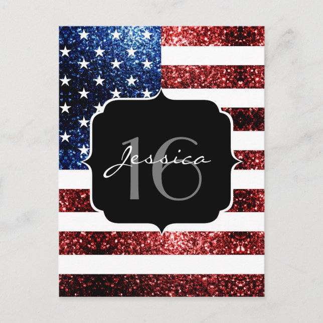 USA flag red blue sparkles glitters Sweet 16 Postcard (Front)