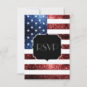 USA flag red blue sparkles glitters Sweet 16 RSVP Card