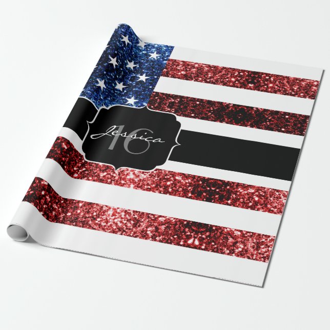 USA flag red blue sparkles glitters Sweet 16 Wrapping Paper (Unrolled)