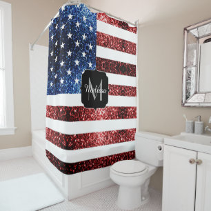 USA flag red blue sparkles glitters USA Monogram Shower Curtain