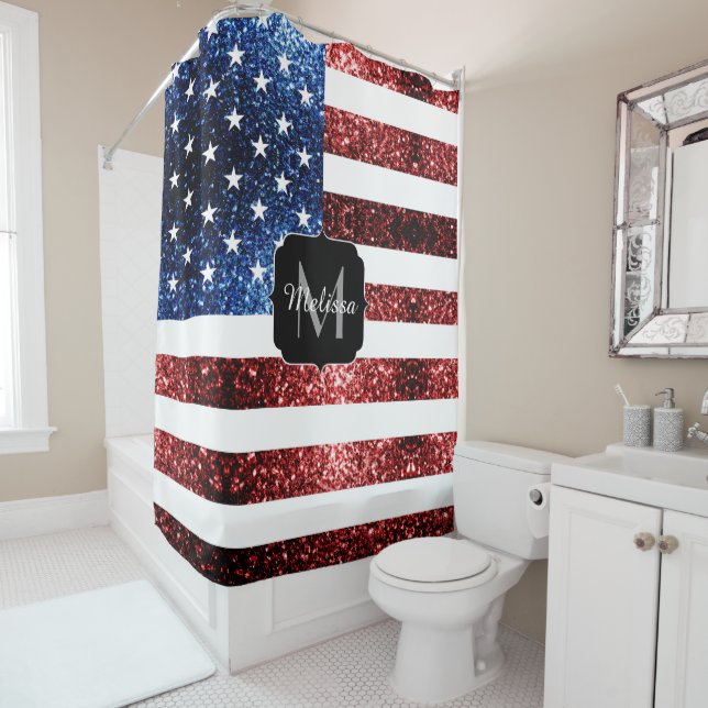 USA flag red blue sparkles glitters USA Monogram Shower Curtain (In Situ)